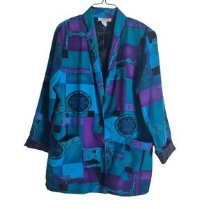 Vintage Kensington Square Abstract Blazer Jacket‎ Blue Purple Geometric LARGE
